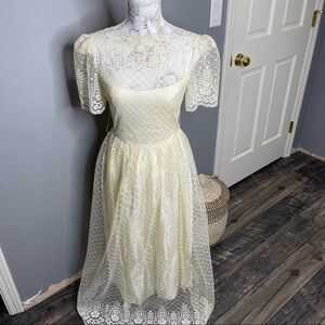 Vintage 50s 60s Wedding Dress Lace High Neck Ivory Zip Back Small Honey Fashion